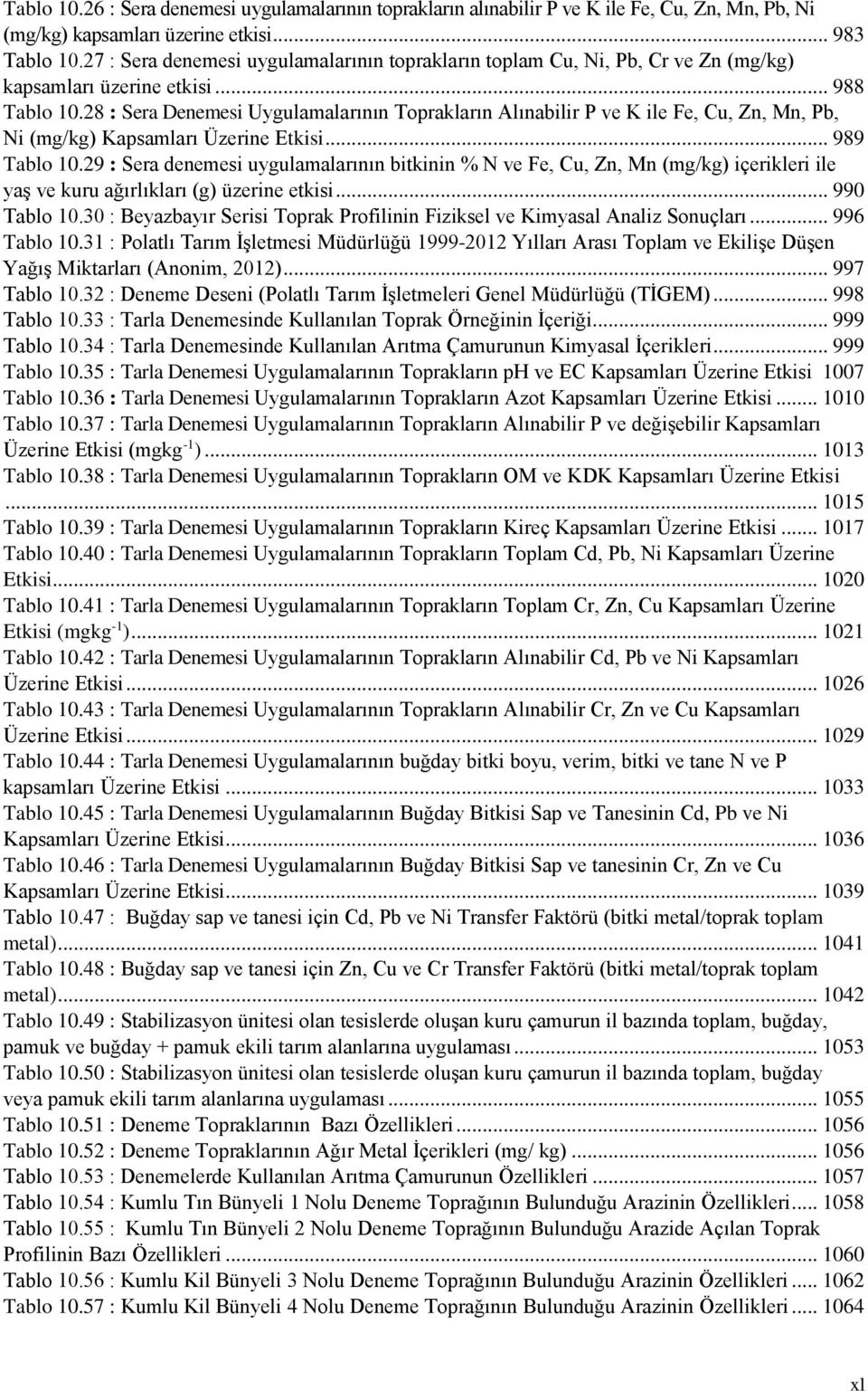 28 : Sera Denemesi Uygulamalarının Toprakların Alınabilir P ve K ile Fe, Cu, Zn, Mn, Pb, Ni (mg/kg) Kapsamları Üzerine Etkisi... 989 Tablo 10.