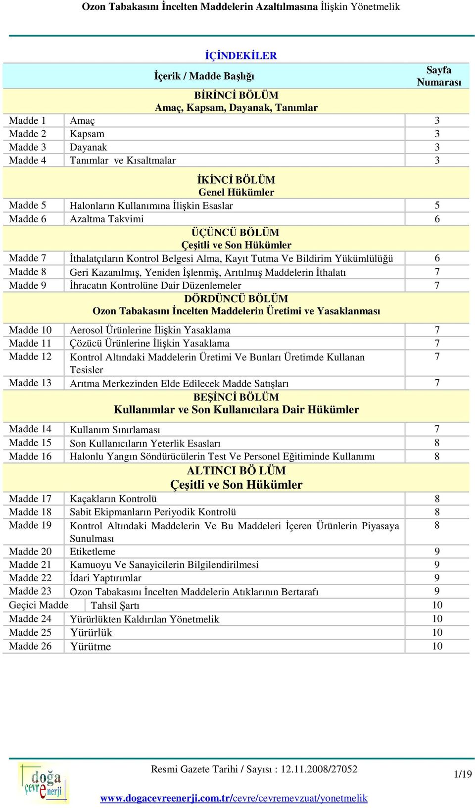 Yükümlülüğü 6 Madde 8 Geri Kazanılmış, Yeniden İşlenmiş, Arıtılmış Maddelerin İthalatı 7 Madde 9 İhracatın Kontrolüne Dair Düzenlemeler 7 DÖRDÜNCÜ BÖLÜM Ozon Tabakasını İncelten Maddelerin Üretimi ve