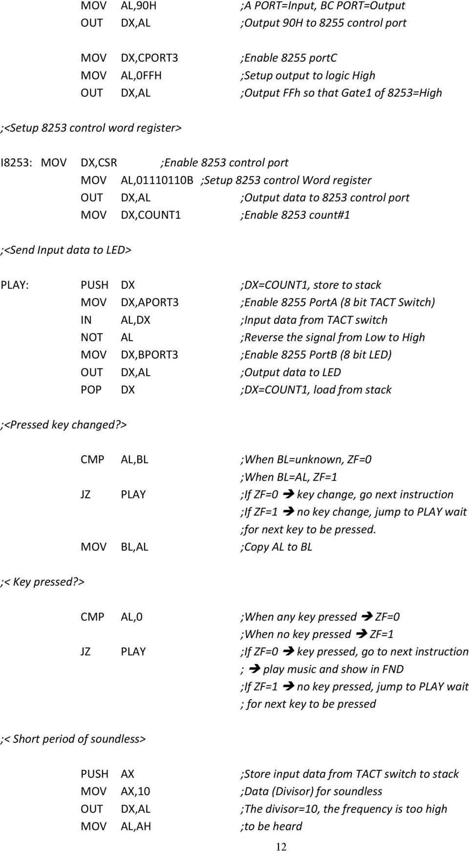 ;Enable 8253 count#1 ;<Send Input data to LED> PLAY: PUSH DX ;DX=COUNT1, store to stack MOV DX,APORT3 ;Enable 8255 PortA (8 bit TACT Switch) IN AL,DX ;Input data from TACT switch NOT AL ;Reverse the
