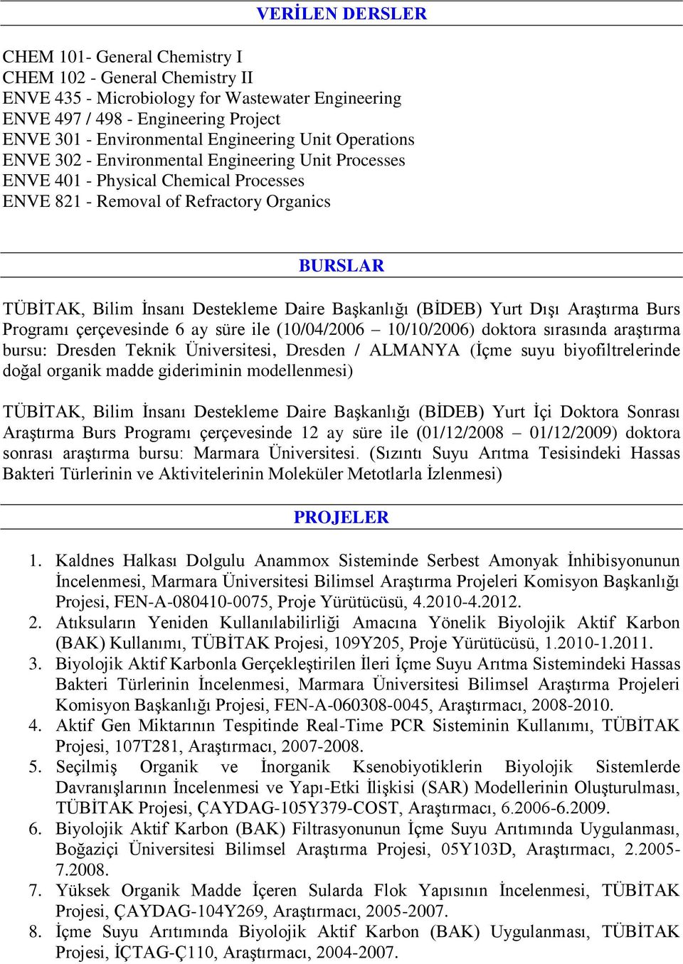 Destekleme Daire Başkanlığı (BİDEB) Yurt Dışı Araştırma Burs Programı çerçevesinde 6 ay süre ile (10/04/2006 10/10/2006) doktora sırasında araştırma bursu: Dresden Teknik Üniversitesi, Dresden /