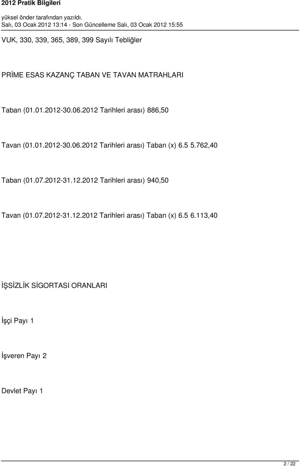 5 5.762,40 Taban (01.07.2012-31.12.2012 Tarihleri arası) 940,50 Tavan (01.07.2012-31.12.2012 Tarihleri arası) Taban (x) 6.