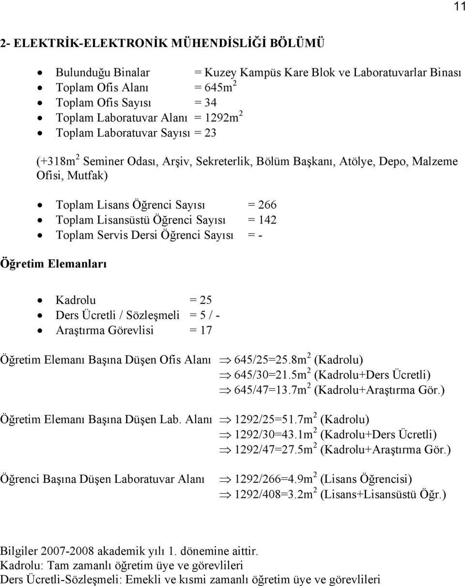 142 Toplam Servis Dersi Öğrenci Sayısı = - Öğretim Elemanları Kadrolu = 25 Ders Ücretli / Sözleşmeli = 5 / - Araştırma Görevlisi = 17 Öğretim Elemanı Başına Düşen Ofis Alanı 645/25=25.