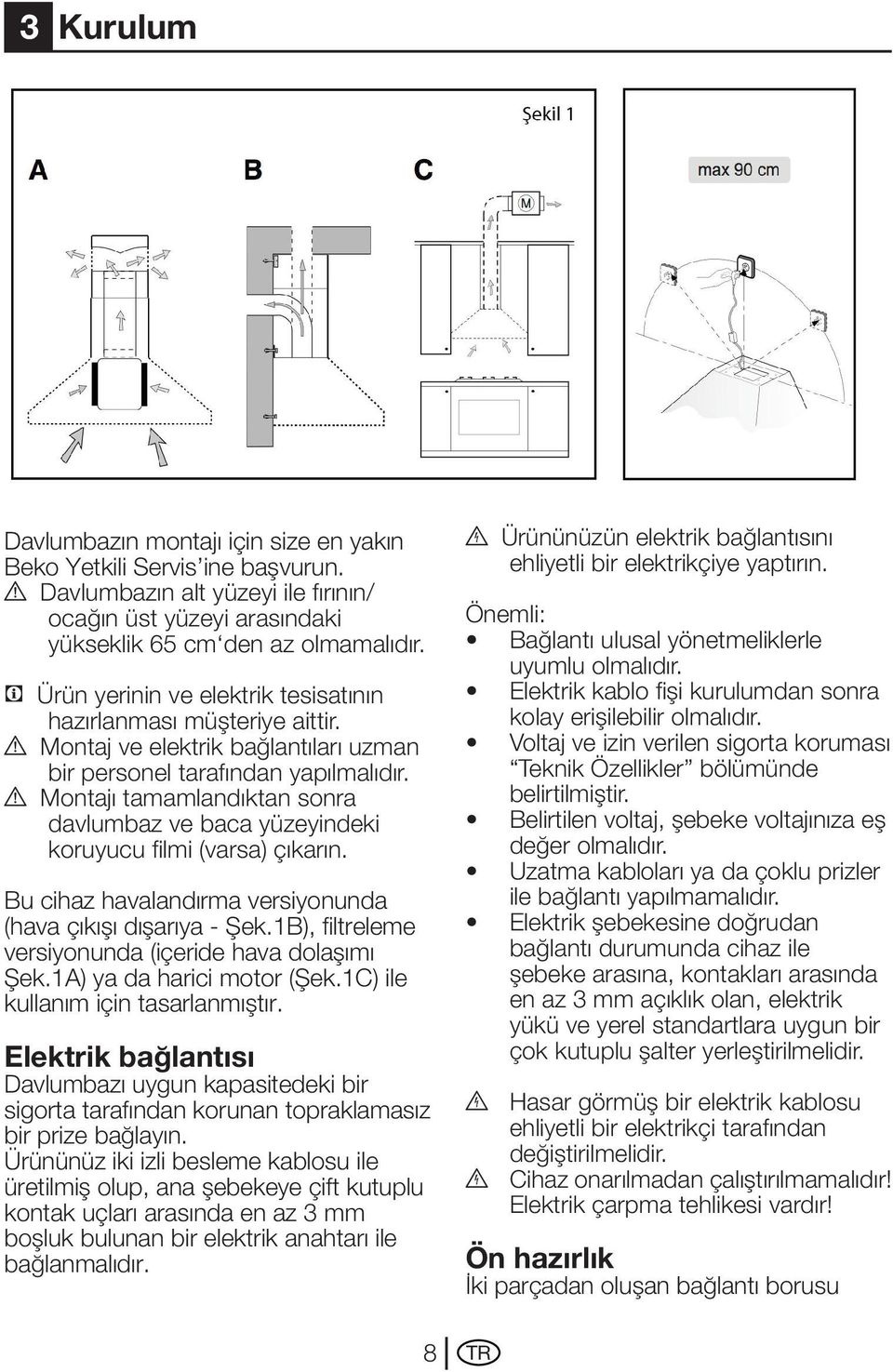 A Montajı tamamlandıktan sonra davlumbaz ve baca yüzeyindeki koruyucu filmi (varsa) çıkarın. Bu cihaz havalandırma versiyonunda (hava çıkışı dışarıya - Şek.