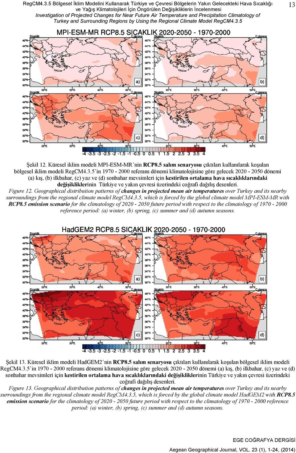 Changes for Near Future Air Temperature and Precipitation Climatology of Turkey and Surrounding Regions by Using the Regional Climate Model 5 13 Şekil 12. Küresel iklim modeli MPI-ESM-MR nin RCP8.