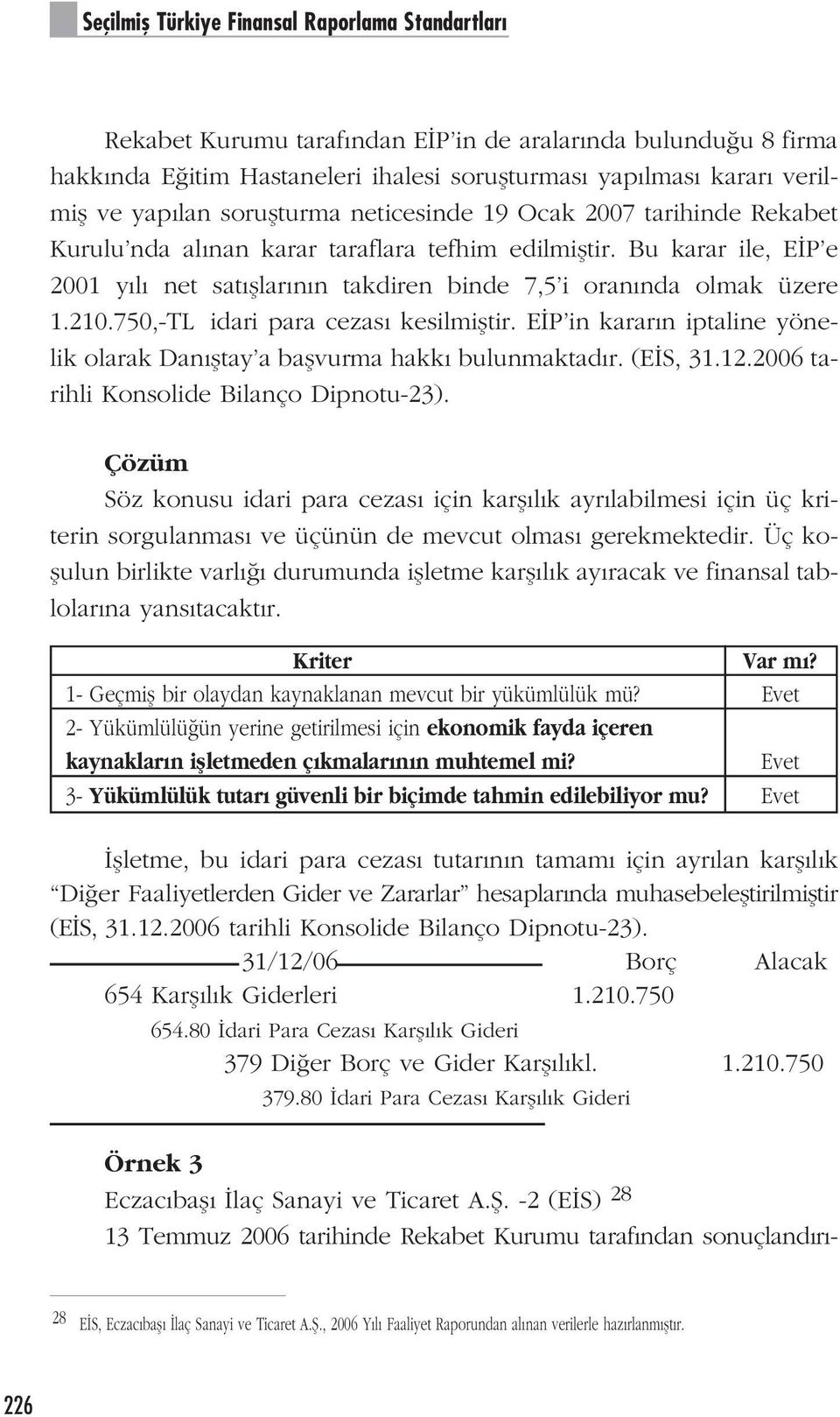 210.750,-TL idari para cezas kesilmifltir. E P in karar n iptaline yönelik olarak Dan fltay a baflvurma hakk bulunmaktad r. (E S, 31.12.2006 tarihli Konsolide Bilanço Dipnotu-23).