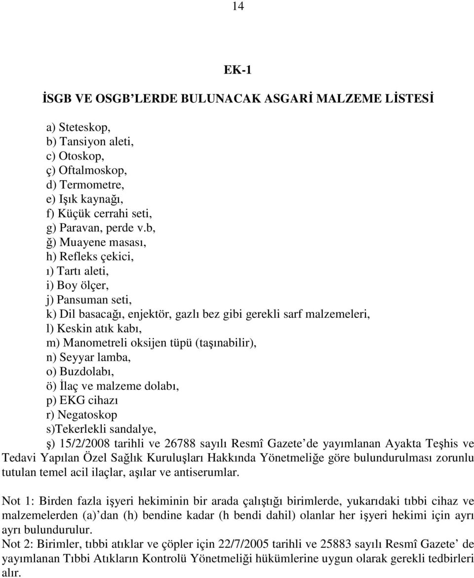 oksijen tüpü (taşınabilir), n) Seyyar lamba, o) Buzdolabı, ö) İlaç ve malzeme dolabı, p) EKG cihazı r) Negatoskop s)tekerlekli sandalye, ş) 15/2/2008 tarihli ve 26788 sayılı Resmî Gazete de