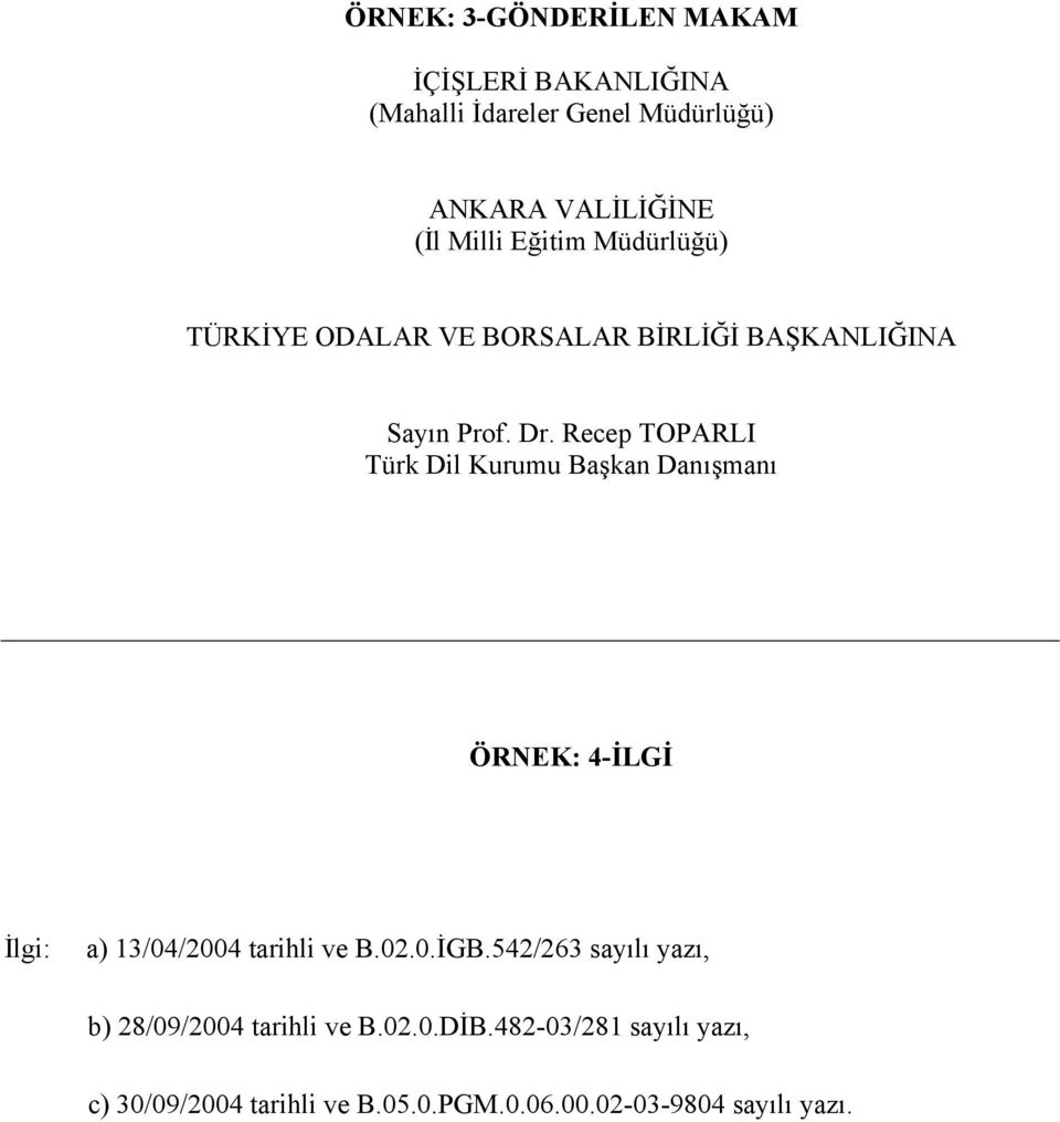 Recep TOPARLI Türk Dil Kurumu Başkan Danışmanı ÖRNEK: 4-İLGİ İlgi: a) 13/04/2004 tarihli ve B.02.0.İGB.