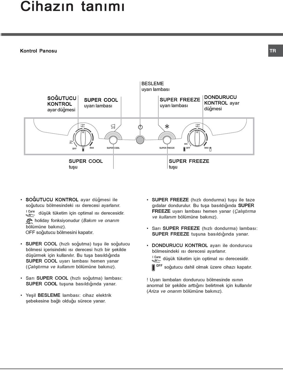 OFF soðutucu bölmesini kapatýr. SUPER COOL (hýzlý soðutma) tuþu ile soðutucu bölmesi içerisindeki ýsý derecesi hýzlý bir þekilde düþürmek için kullanýlýr.