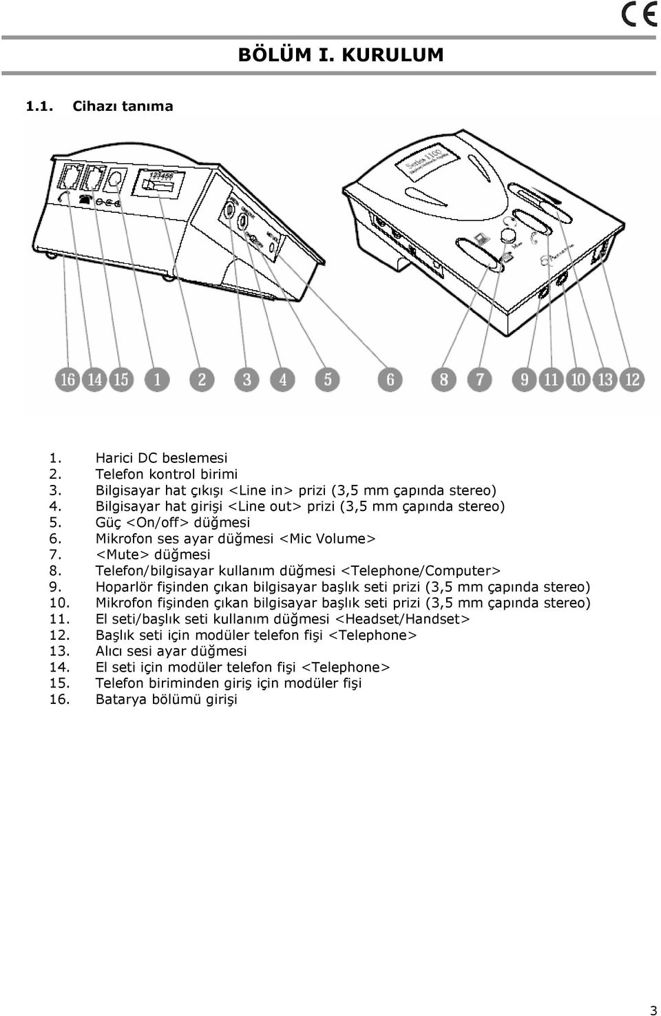 Telefon/bilgisayar kullanım düğmesi <Telephone/Computer> 9. Hoparlör fişinden çıkan bilgisayar başlık seti prizi (3,5 mm çapında stereo) 10.