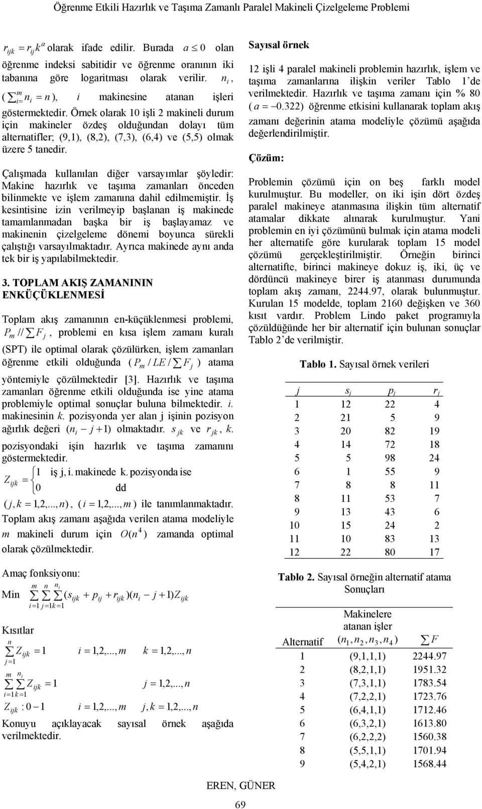 Örek olarak 10 işli 2 makieli durum içi makieler özdeş olduğuda dolayı tüm alteratifler; (9,1), (8,2), (7,3), (6,4) ve (5,5) olmak üzere 5 taedir.