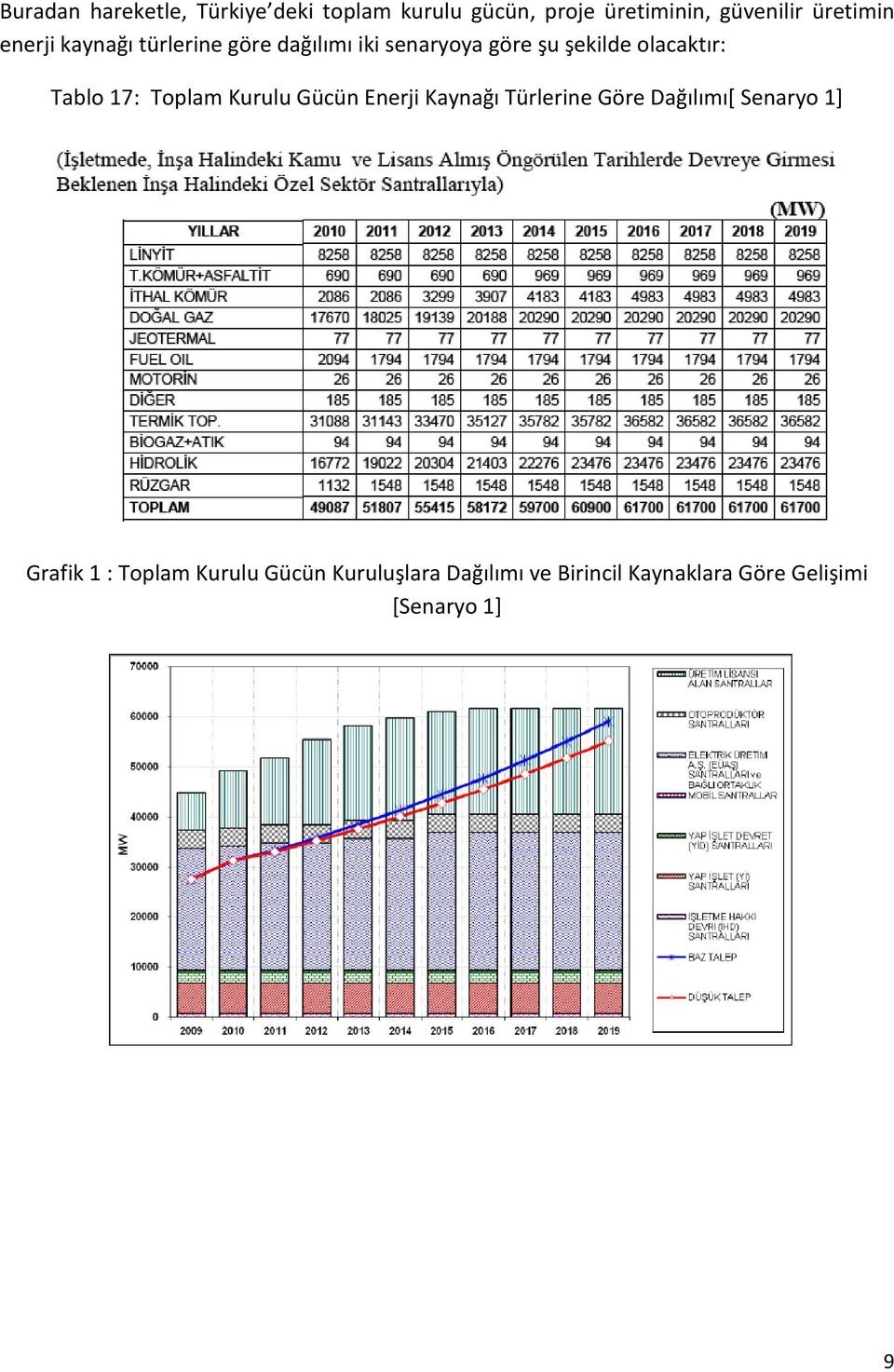 Tablo 17: Toplam Kurulu Gücün Enerji Kaynağı Türlerine Göre Dağılımı[ Senaryo 1] Grafik