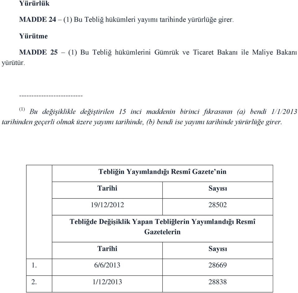 -------------------------- (1) Bu değişiklikle değiştirilen 15 inci maddenin birinci fıkrasının (a) bendi 1/1/2013 tarihinden geçerli olmak