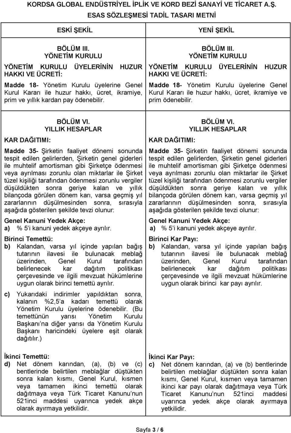 YENİ ŞEKİL BÖLÜM III. YÖNETİM KURULU YÖNETİM KURULU ÜYELERİNİN HUZUR HAKKI VE ÜCRETİ: Madde 18- Yönetim Kurulu üyelerine Genel Kurul Kararı ile huzur hakkı, ücret, ikramiye ve prim ödenebilir.