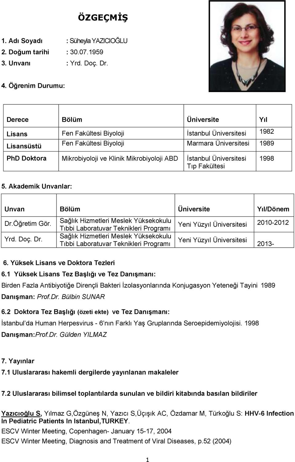 Üniversitesi Tıp Fakültesi 1998 5. Akademik Unvanlar: Unvan Bölüm Üniversite Yıl/Dönem Dr.