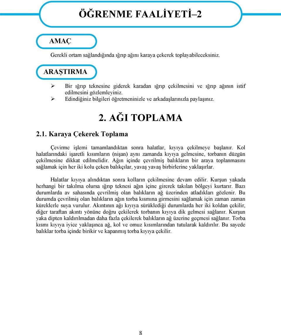 Edindiğiniz bilgileri öğretmeninizle ve arkadaşlarınızla paylaşınız. 2.1. Karaya Çekerek Toplama 2. AĞI TOPLAMA Çevirme işlemi tamamlandıktan sonra halatlar, kıyıya çekilmeye başlanır.