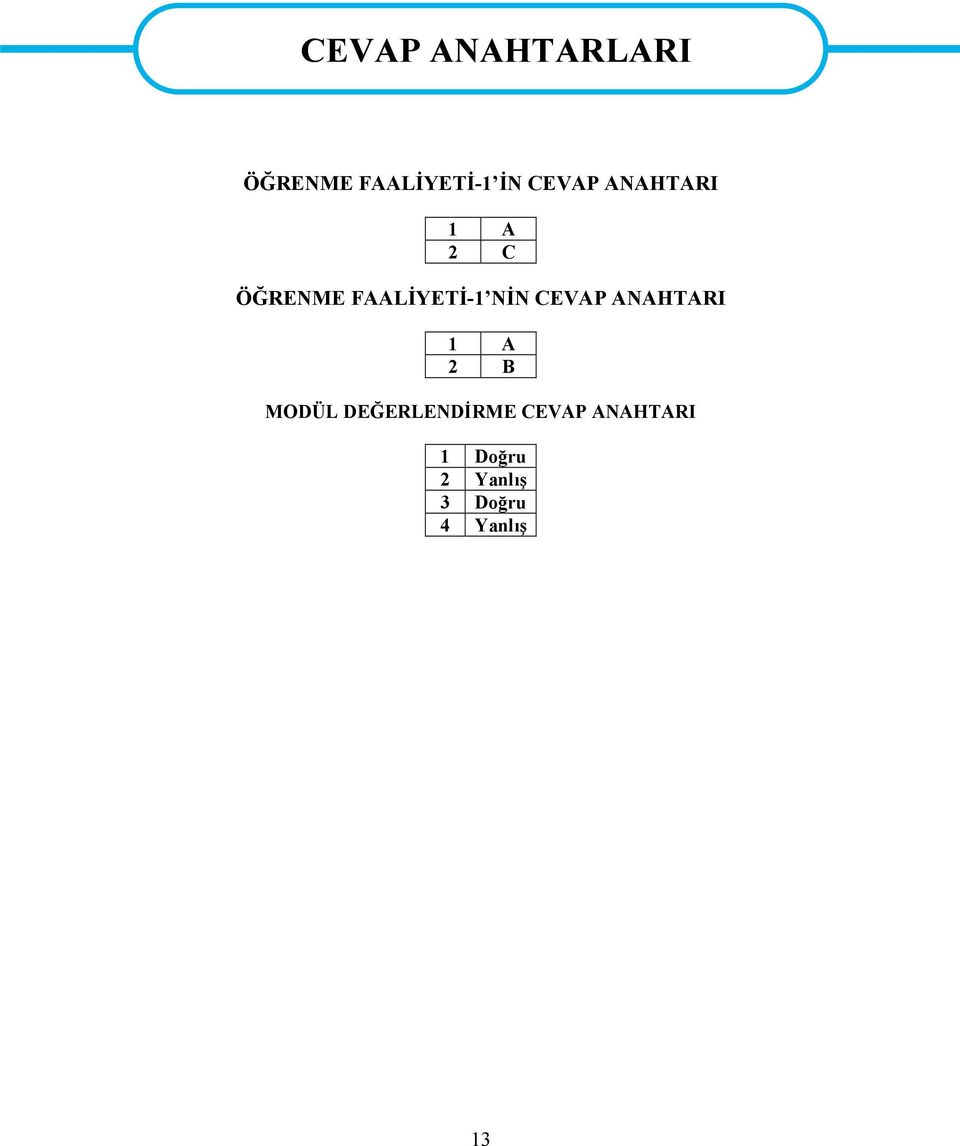 FAALİYETİ-1 NİN CEVAP ANAHTARI 1 A 2 B MODÜL