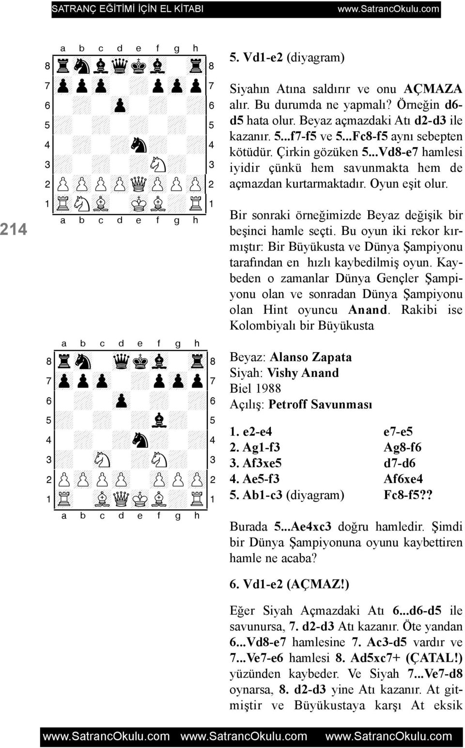 Örneðin d6- d5 hata olur. Beyaz açmazdaki Atý d2-d3 ile kazanýr. 5...f7-f5 ve 5...Fc8-f5 ayný sebepten kötüdür. Çirkin gözüken 5.