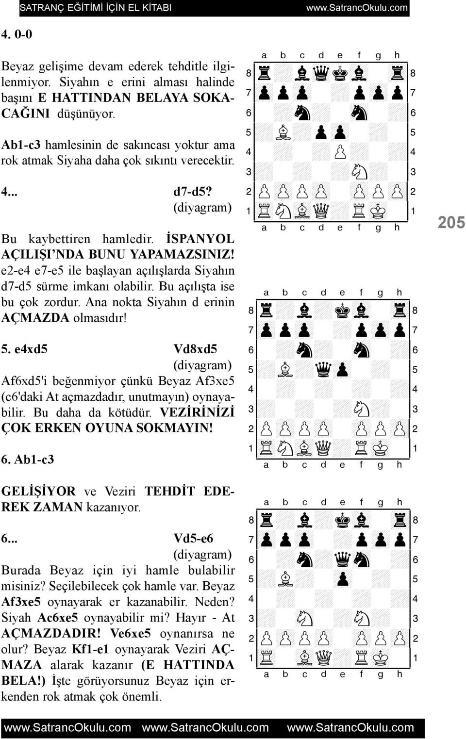 e2-e4 e7-e5 ile baþlayan açýlýþlarda Siyahýn d7-d5 sürme imkaný olabilir. Bu açýlýþta ise bu çok zordur. Ana nokta Siyahýn d erinin AÇMAZDA olmasýdýr! 5.