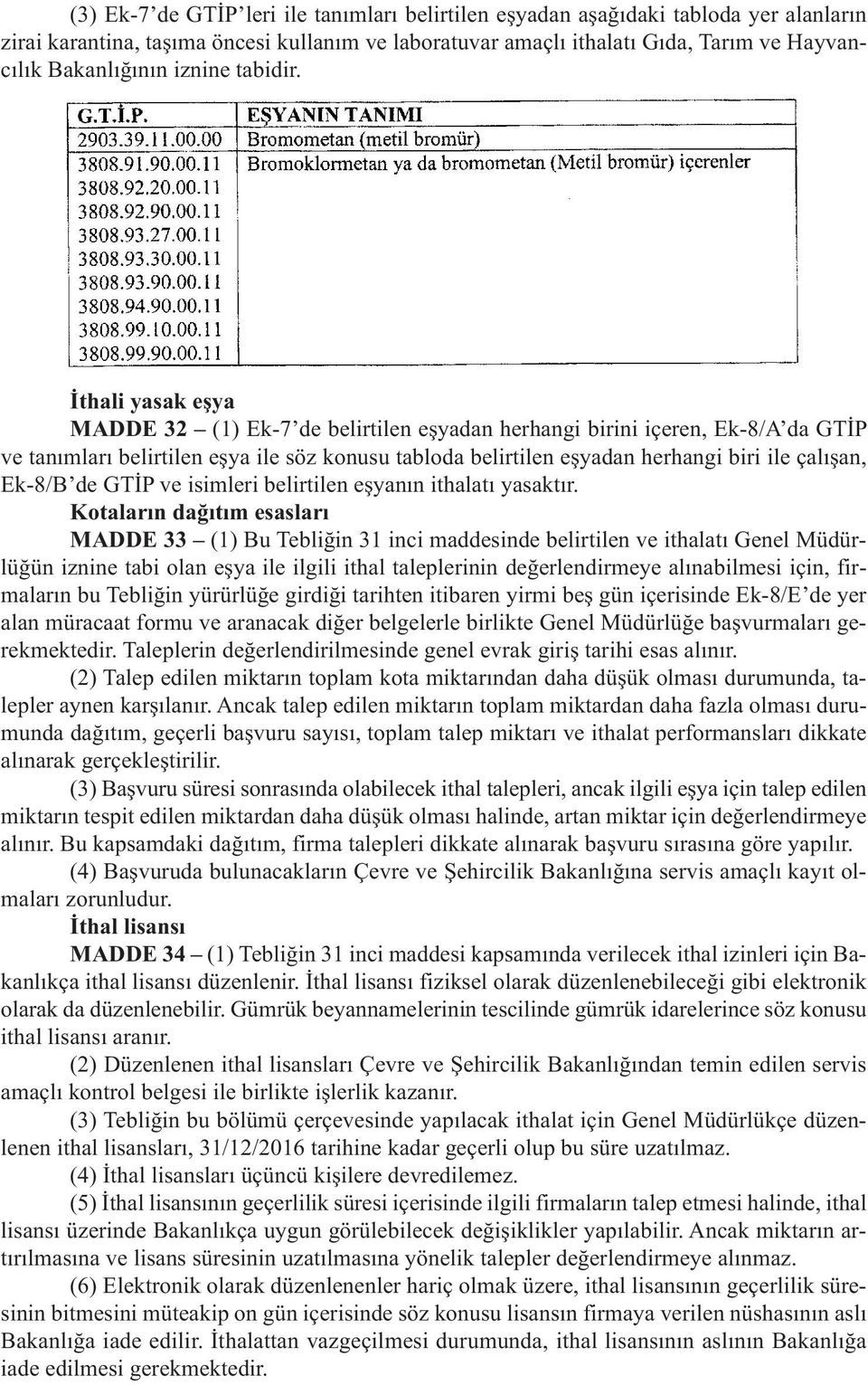 İthali yasak eşya MADDE 32 (1) Ek-7 de belirtilen eşyadan herhangi birini içeren, Ek-8/A da GTİP ve tanımları belirtilen eşya ile söz konusu tabloda belirtilen eşyadan herhangi biri ile çalışan,