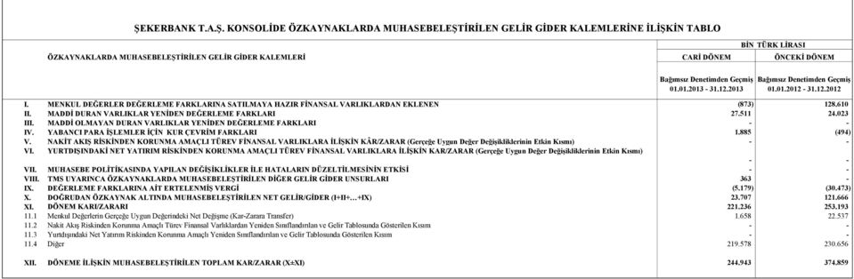 MADDİ OLMAYAN DURAN VARLIKLAR YENİDEN DEĞERLEME FARKLARI IV. YABANCI PARA İŞLEMLER İÇİN KUR ÇEVRİM FARKLARI 1.885 (494) V.