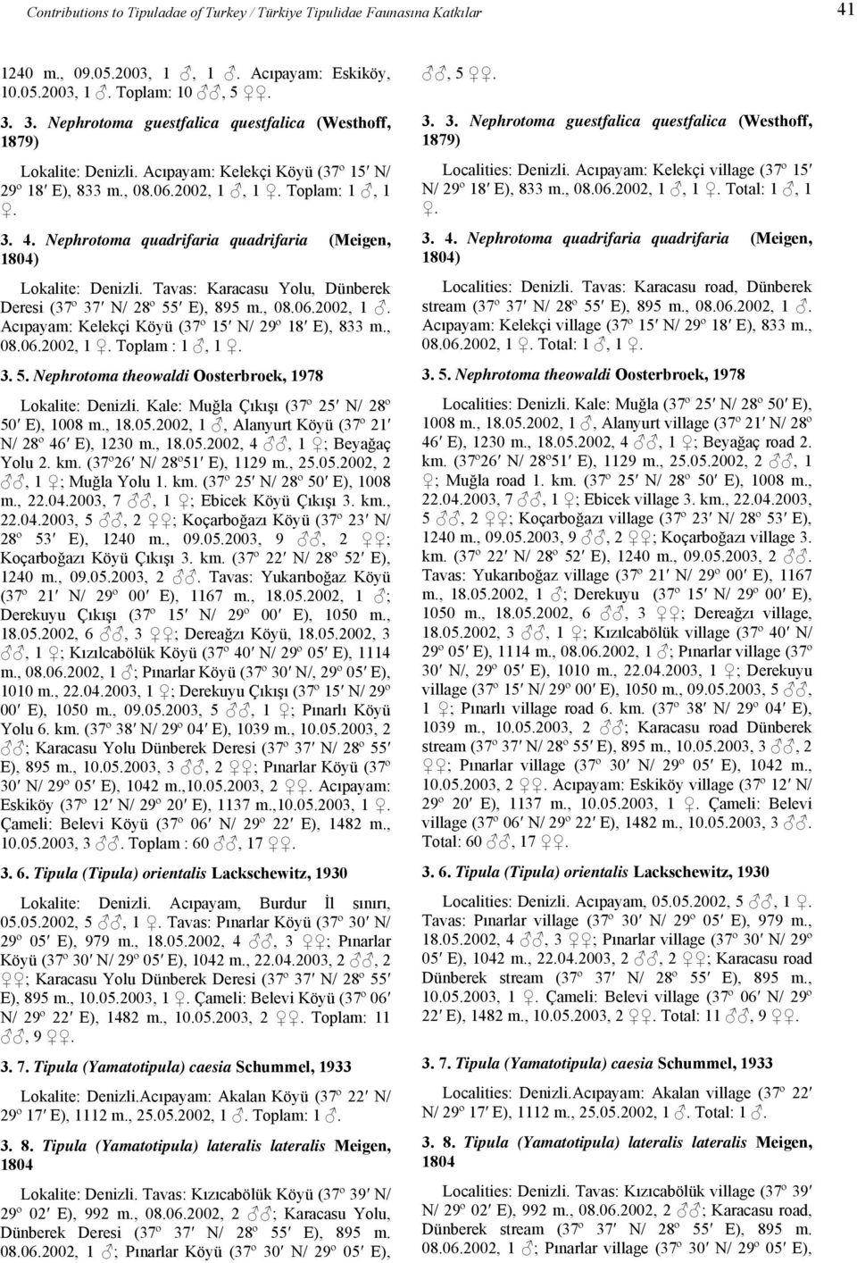 Nephrotoma quadrifaria quadrifaria (Meigen, 1804) Lokalite: Denizli. Tavas: Karacasu Yolu, Dünberek Deresi (37º 37 N/ 28º 55 E), 895 m., 08.06.2002, 1.