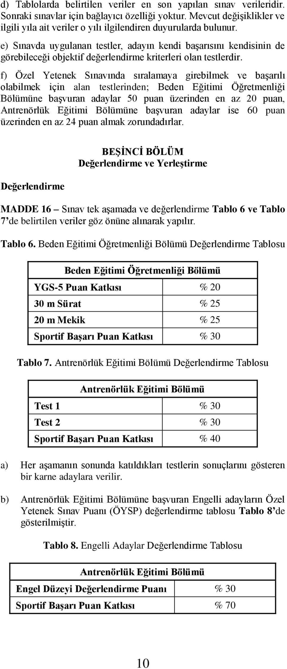 e) Sınavda uygulanan testler, adayın kendi başarısını kendisinin de görebileceği objektif değerlendirme kriterleri olan testlerdir.