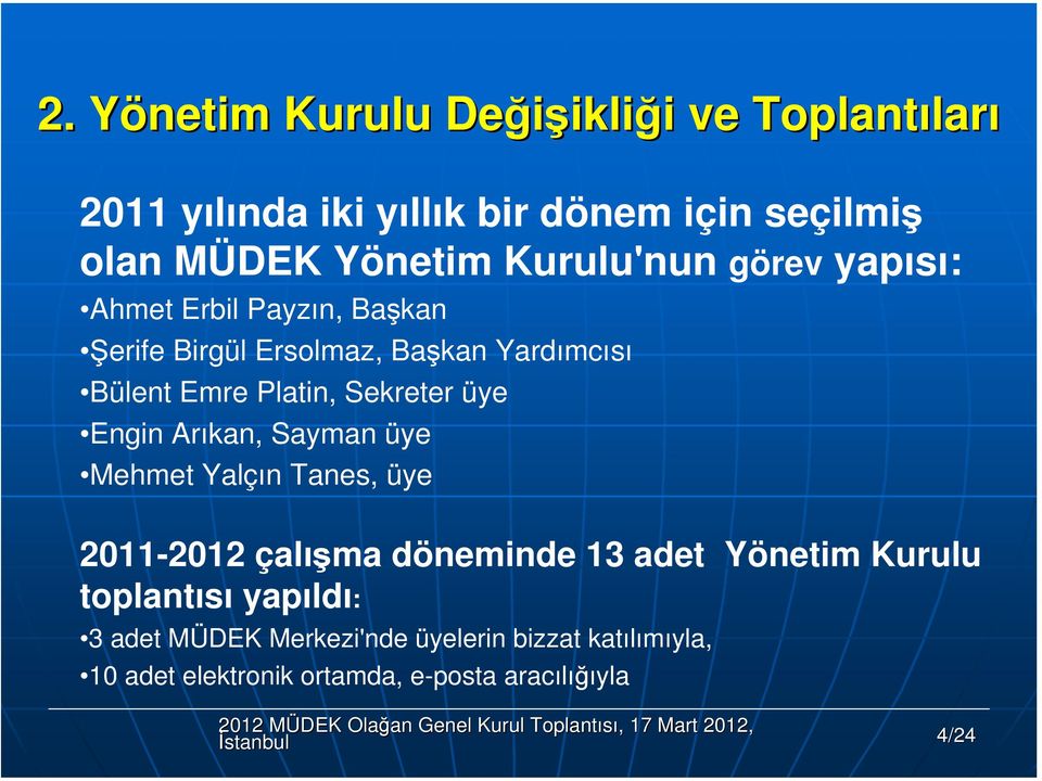 Sekreter üye Engin Arıkan, Sayman üye Mehmet Yalçın Tanes, üye 2011-2012 çalışma döneminde 13 adet Yönetim Kurulu