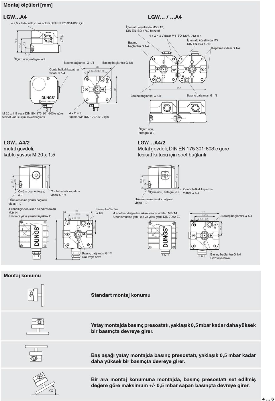 152 Basınç bağlantısı G 1/8 Basınç bağlantısı G 1/8 Made in Germany M 20 x 1,5 veya DIN EN 175 301-803 e göre tesisat kutusu için soket bağlantı 4 x Ø 4,2 Vidalar M4 ISO 1207, 912 için Ölçüm ucu,