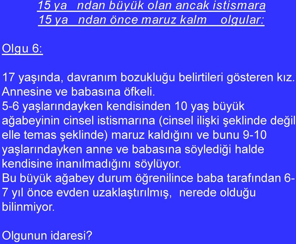 5 6 yaşlarındayken kendisinden 10 yaş büyük ağabeyinin cinsel istismarına (cinsel ilişki şeklinde değil elle temas şeklinde) maruz