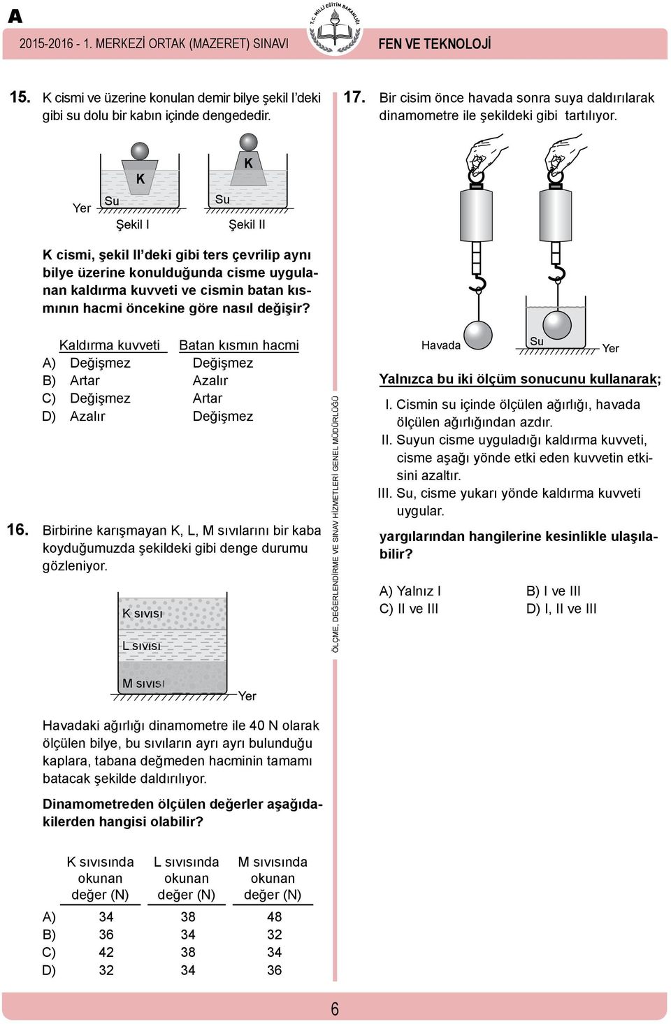 Yer Su Su cismi, şekil II deki gibi ters çevrilip aynı bilye üzerine konulduğunda cisme uygulanan kaldırma kuvveti ve cismin batan kısmının hacmi öncekine göre nasıl değişir?