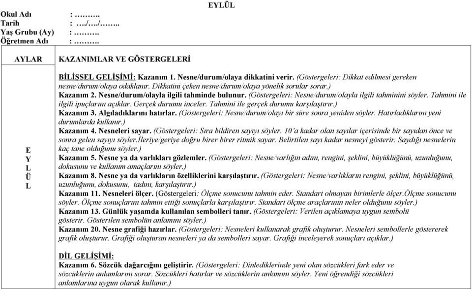 (Göstergeleri: Nesne/durum/olayla ilgili tahminini söyler. Tahmini ile ilgili ipuçlarını açıklar. Gerçek durumu inceler. Tahmini ile gerçek durumu karşılaştırır.) Kazanım 3. lgıladıklarını hatırlar.