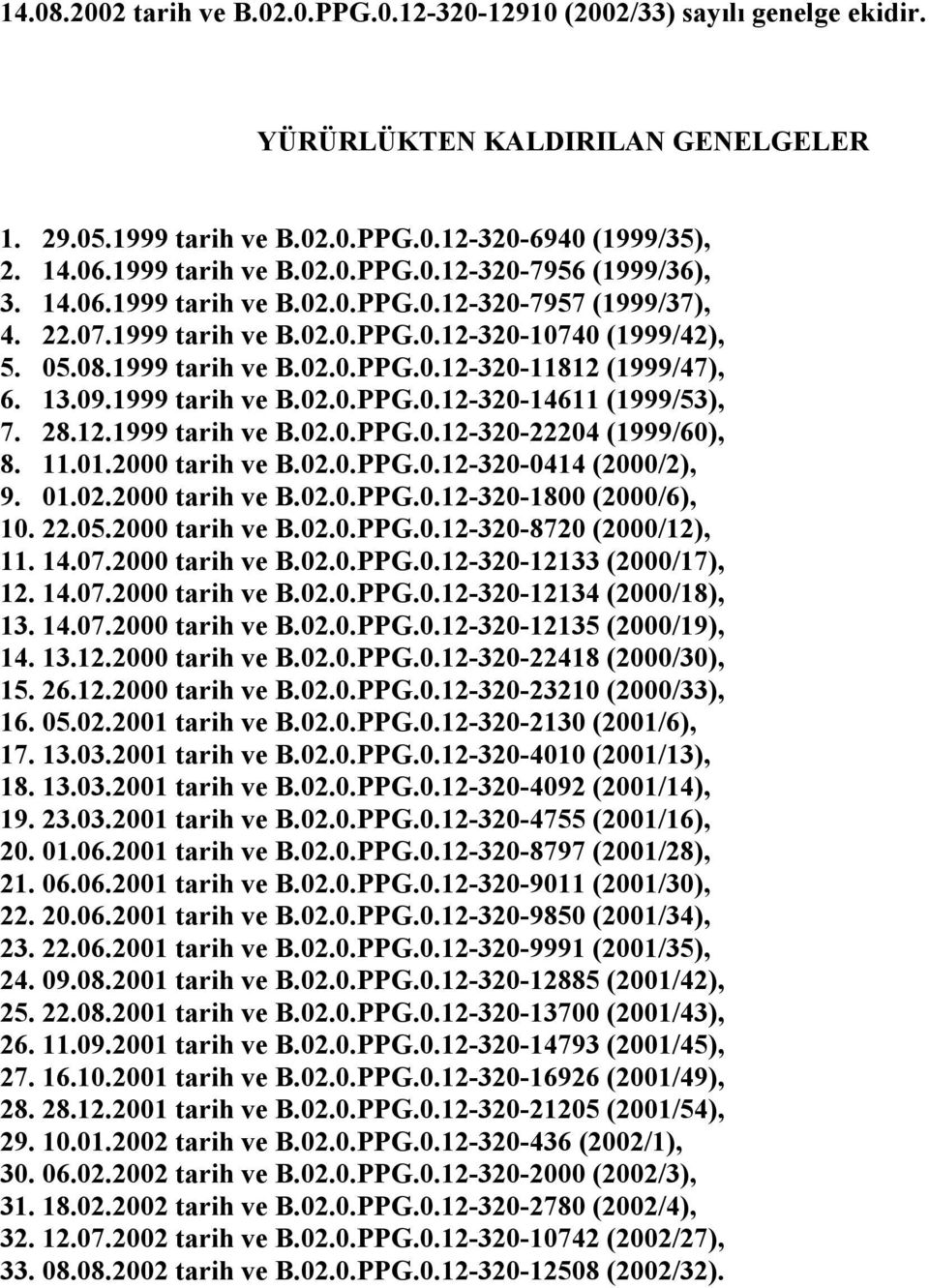 1999 tarih ve B.02.0.PPG.0.12-320-14611 (1999/53), 7. 28.12.1999 tarih ve B.02.0.PPG.0.12-320-22204 (1999/60), 8. 11.01.2000 tarih ve B.02.0.PPG.0.12-320-0414 (2000/2), 9. 01.02.2000 tarih ve B.02.0.PPG.0.12-320-1800 (2000/6), 10.