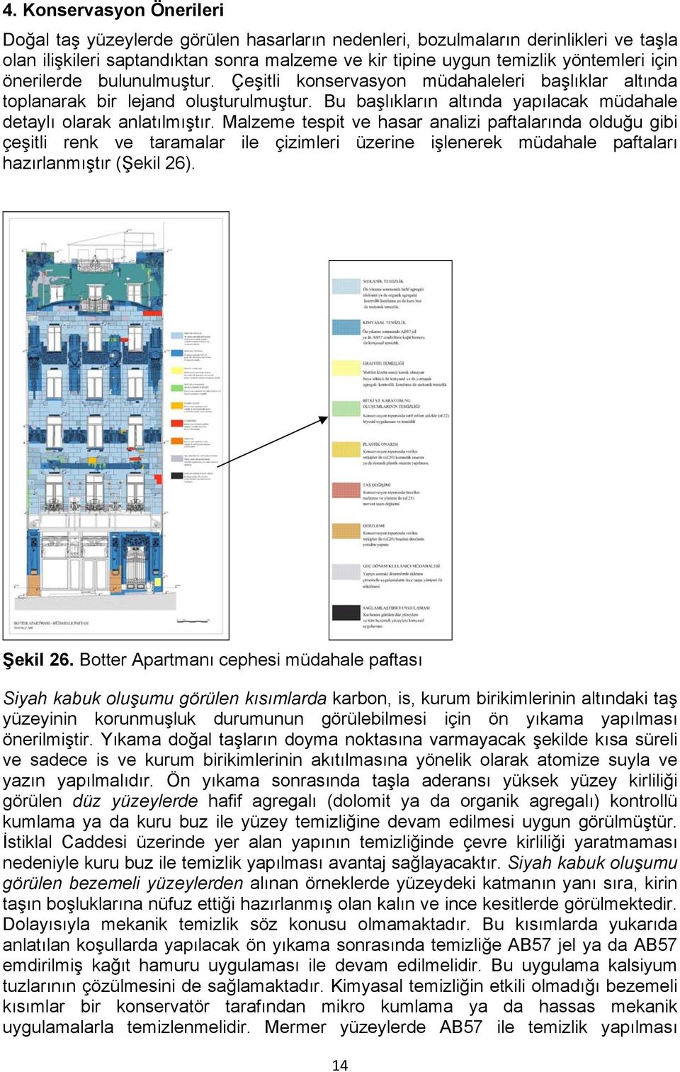 Malzeme tespit ve hasar analizi paftalarında olduğu gibi çeşitli renk ve taramalar ile çizimleri üzerine işlenerek müdahale paftaları hazırlanmıştır (Şekil 26). Şekil 26.