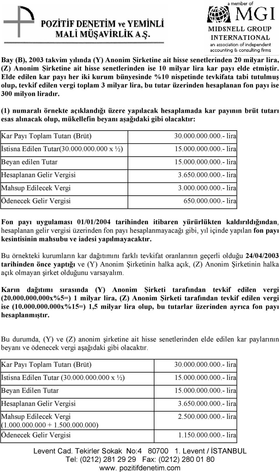 (1) numaralı örnekte açıklandığı üzere yapılacak hesaplamada kar payının brüt tutarı esas alınacak olup, mükellefin beyanı aşağıdaki gibi olacaktır: Kar Payı Toplam Tutarı (Brüt) İstisna Edilen