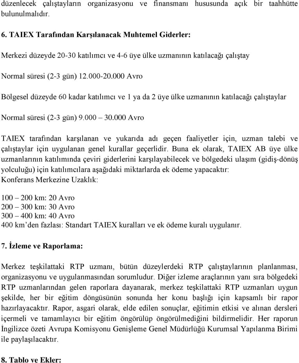 000 Avro Bölgesel düzeyde 60 kadar katılımcı ve 1 ya da 2 üye ülke uzmanının katılacağı çalıştaylar Normal süresi (2-3 gün) 9.000 30.