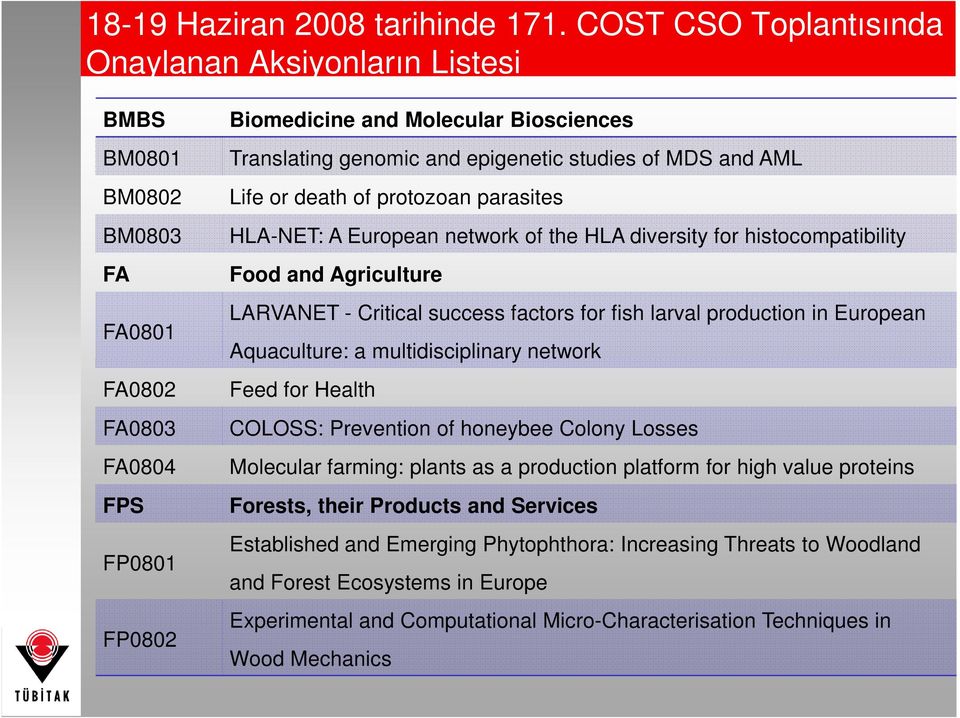 epigenetic studies of MDS and AML Life or death of protozoan parasites HLA-NET: A European network of the HLA diversity for histocompatibility Food and Agriculture LARVANET - Critical success factors