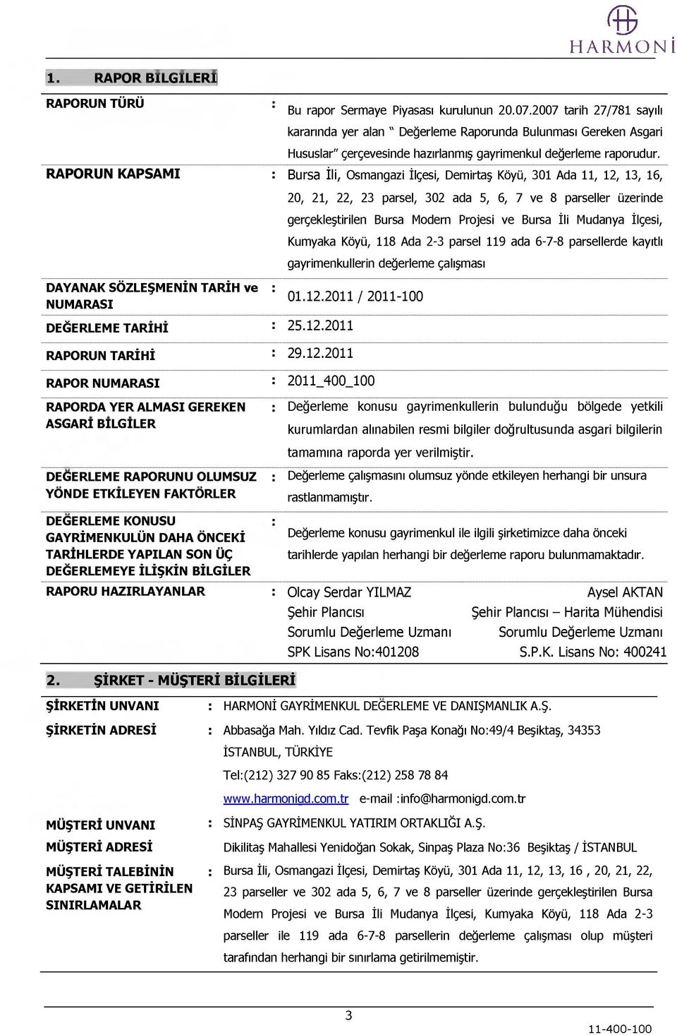 RA PO RUN K A PSA M I : Bursa İli, Osmangazi İlçesi, Demirtaş Köyü, 301 Ada 11, 12, 13, 16, 20, 21, 22, 23 parsel, 302 ada 5, 6, 7 ve 8 parseller üzerinde gerçekleştirilen Bursa Modern Projesi ve