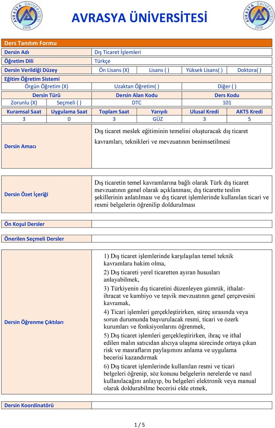 ticaret meslek eğitiminin temelini oluşturacak dış ticaret kavramları, teknikleri ve mevzuatının benimsetilmesi Dersin Özet İçeriği Dış ticaretin temel kavramlarına bağlı olarak Türk dış ticaret