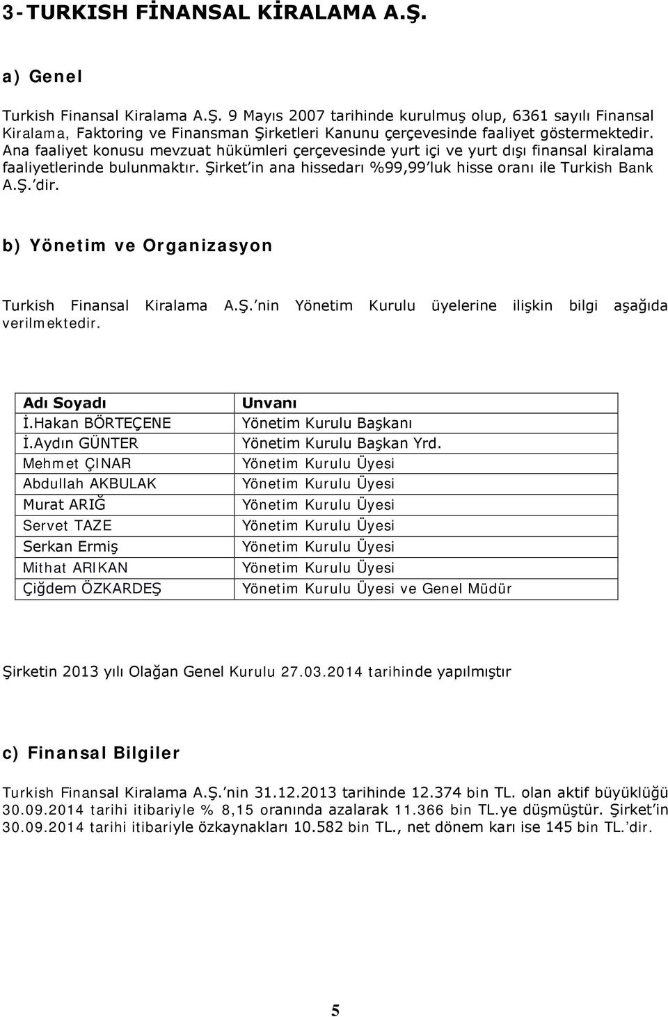 b) Yönetim ve Organizasyon Turkish Finansal Kiralama A.Ş. nin Yönetim Kurulu üyelerine ilişkin bilgi aşağıda verilmektedir. İ.Hakan BÖRTEÇENE İ.
