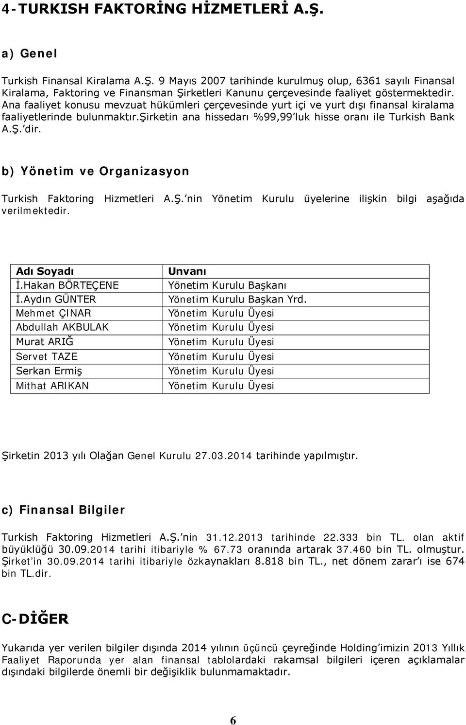 b) Yönetim ve Organizasyon Turkish Faktoring Hizmetleri A.Ş. nin Yönetim Kurulu üyelerine ilişkin bilgi aşağıda verilmektedir. İ.Hakan BÖRTEÇENE İ.