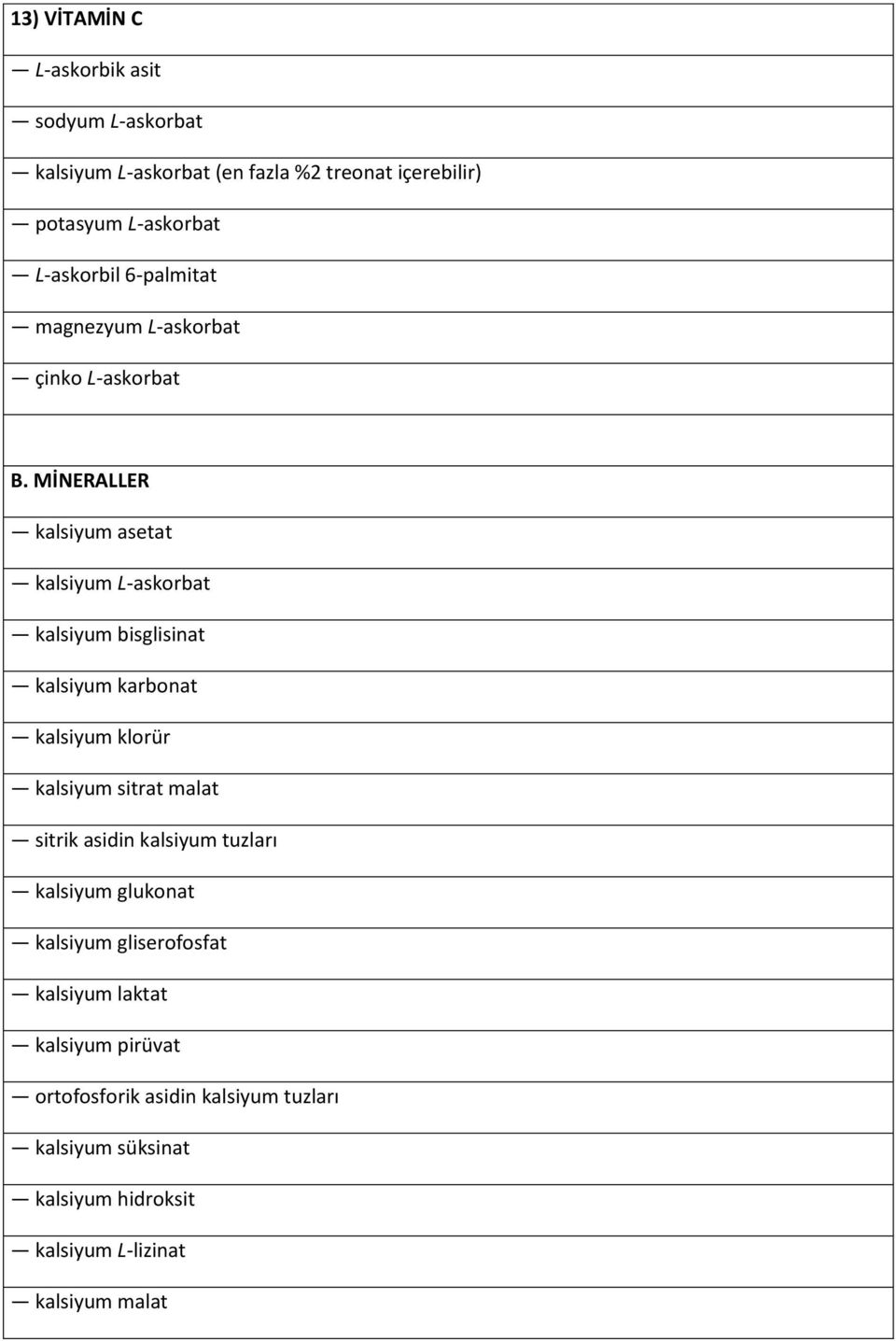 MİNERALLER kalsiyum asetat kalsiyum L-askorbat kalsiyum bisglisinat kalsiyum karbonat kalsiyum klorür kalsiyum sitrat malat