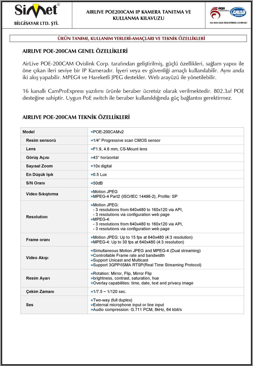 MPEG4 ve Hareketli JPEG destekler. Web arayüzü ile yönetilebilir. 16 kanallı CamProExpress yazılımı ürünle beraber ücretsiz olarak verilmektedir. 802.3af POE desteğine sahiptir.