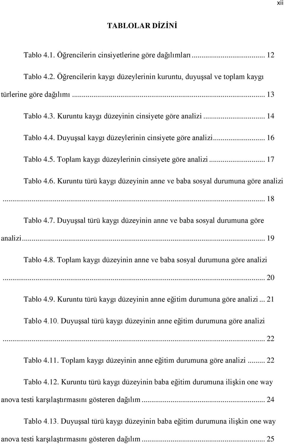 .. 17 Tablo 4.6. Kuruntu türü kaygı düzeyinin anne ve baba sosyal durumuna göre analizi... 18 Tablo 4.7. DuyuĢsal türü kaygı düzeyinin anne ve baba sosyal durumuna göre analizi... 19 Tablo 4.8. Toplam kaygı düzeyinin anne ve baba sosyal durumuna göre analizi.