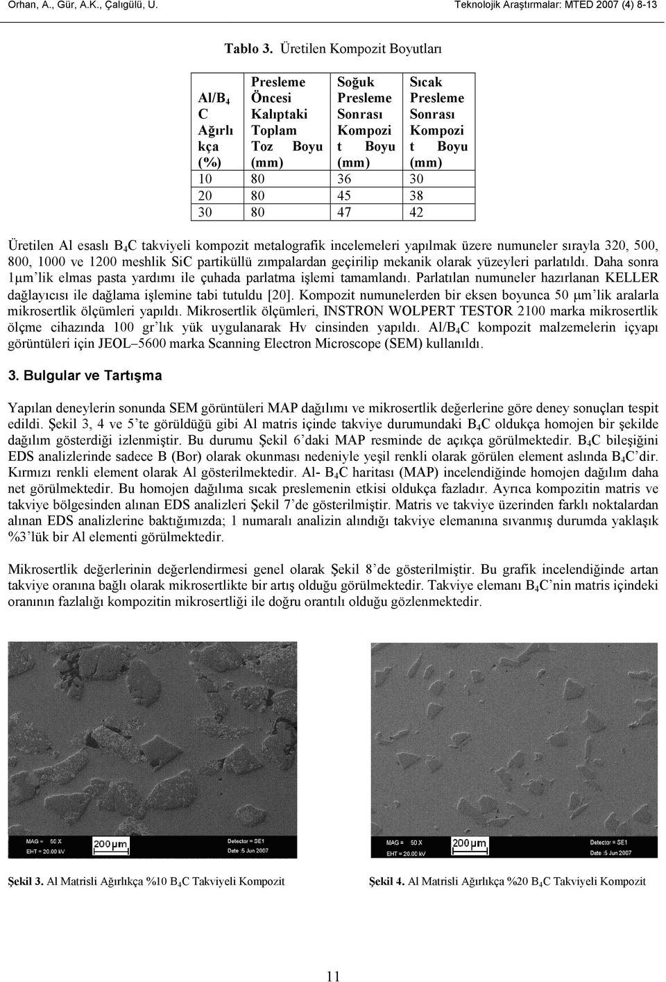 Üretilen Al esaslı B 4 C takviyeli kompozit metalografik incelemeleri yapılmak üzere numuneler sırayla 320, 500, 800, 1000 ve 1200 meshlik SiC partiküllü zımpalardan geçirilip mekanik olarak