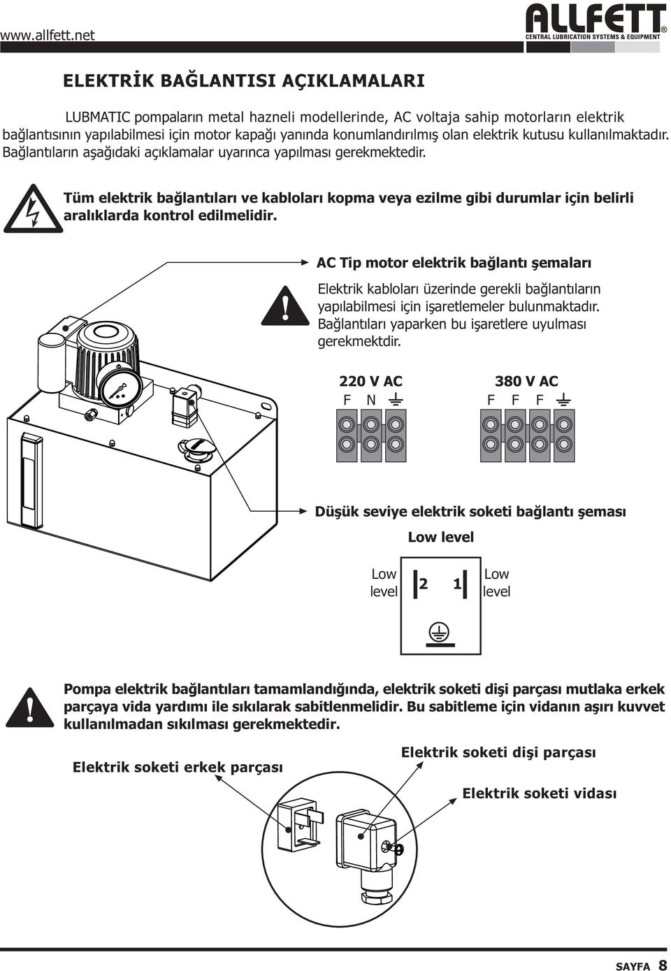 Tüm elektrik baðlantýlarý ve kablolarý kopma veya ezilme gibi durumlar için belirli aralýklarda kontrol edilmelidir.