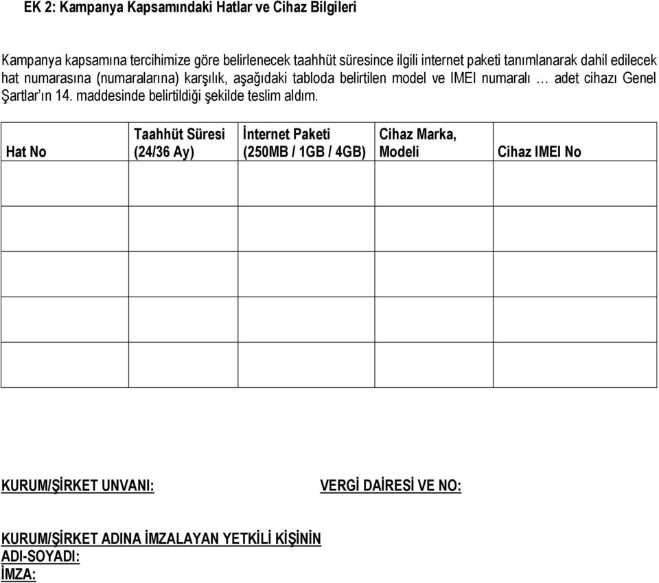 tabloda belirtilen model ve IMEI numaralı adet cihazı Genel Şartlar ın 14.