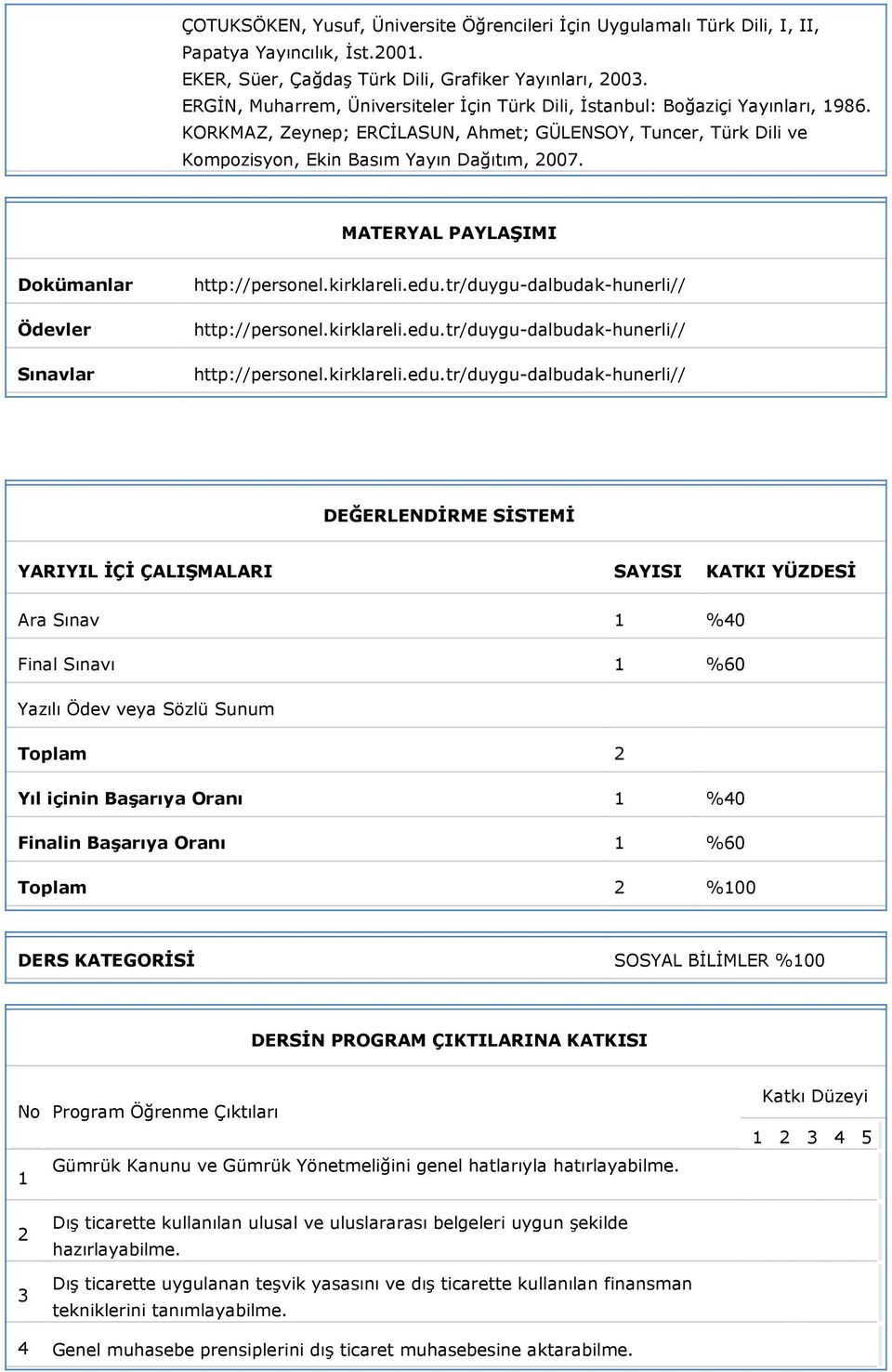 MATERYAL PAYLAŞIMI Dokümanlar Ödevler Sınavlar DEĞERLENDİRME SİSTEMİ YARIYIL İÇİ ÇALIŞMALARI SAYISI KATKI YÜZDESİ Ara Sınav 1 %40 Sınavı 1 %60 Toplam 2 Yıl içinin Başarıya Oranı 1 %40 in Başarıya