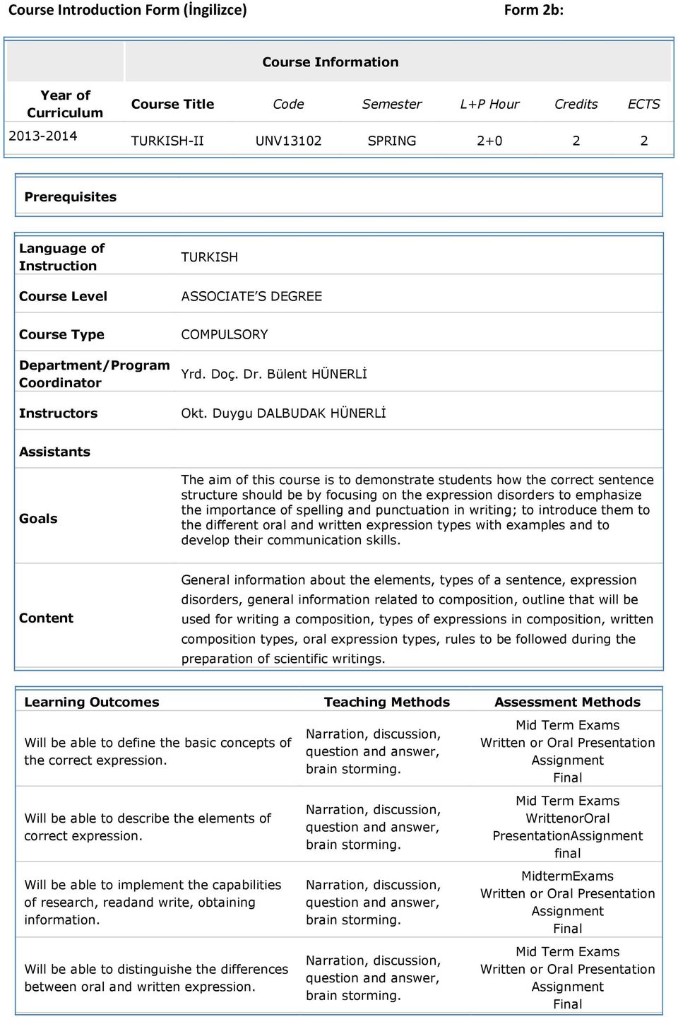 Duygu DALBUDAK HÜNERLİ Assistants Goals The aim of this course is to demonstrate students how the correct sentence structure should be by focusing on the expression disorders to emphasize the