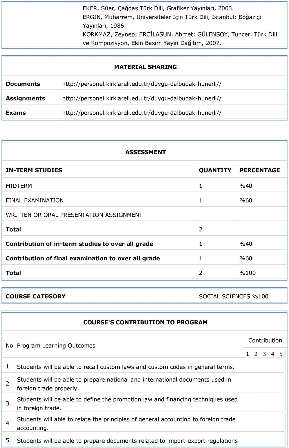 MATERIAL SHARING Documents Assignments Exams ASSESSMENT IN-TERM STUDIES QUANTITY PERCENTAGE MIDTERM 1 %40 FINAL EXAMINATION 1 %60 WRITTEN OR ORAL PRESENTATION ASSIGNMENT Total 2 Contribution of