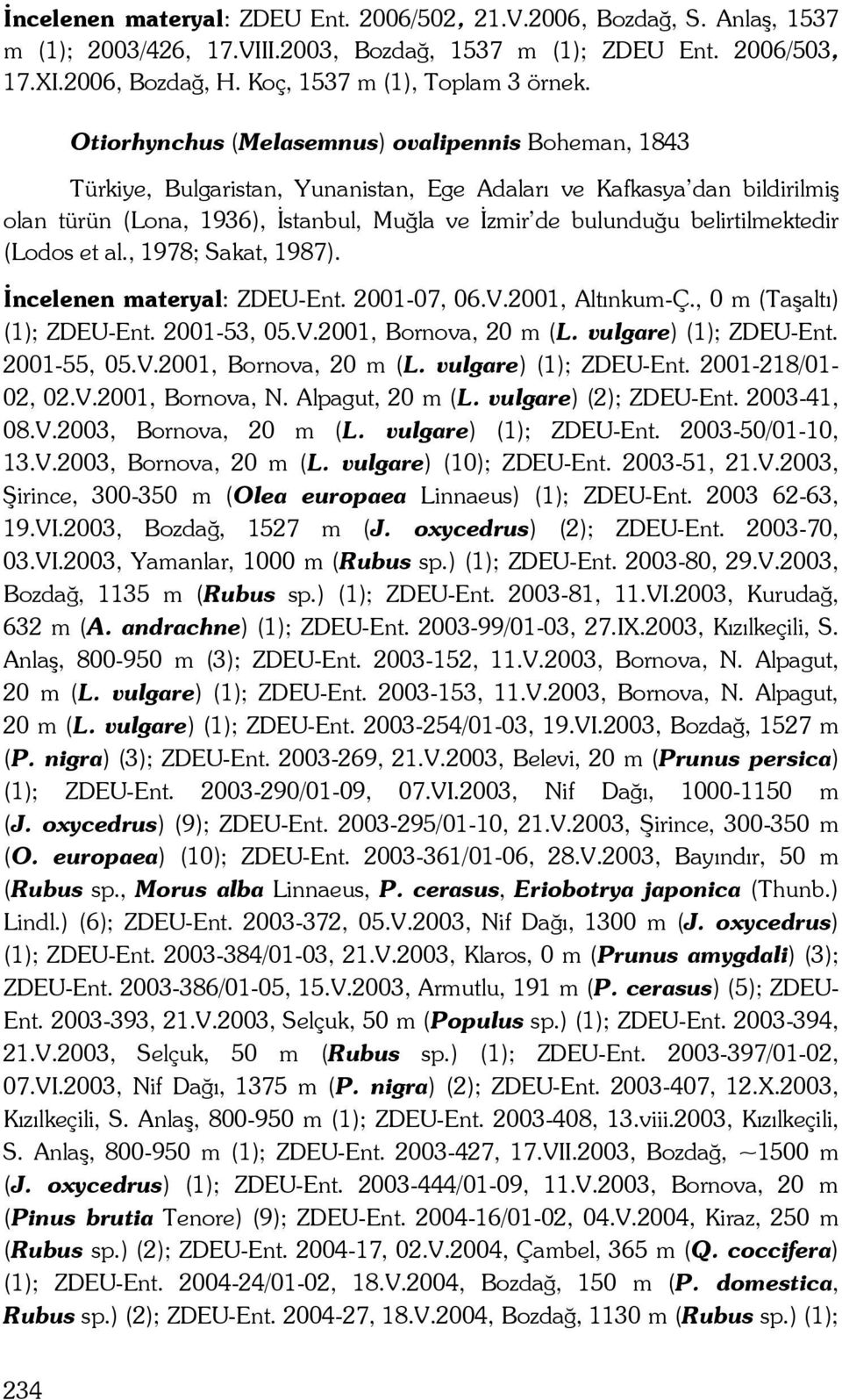 belirtilmektedir (Lodos et al., 1978; Sakat, 1987). İncelenen materyal: ZDEU-Ent. 2001-07, 06.V.2001, Altınkum-Ç., 0 m (Taşaltı) (1); ZDEU-Ent. 2001-53, 05.V.2001, Bornova, 20 m (L.